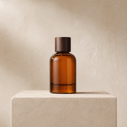 Square crop of an amber product bottle