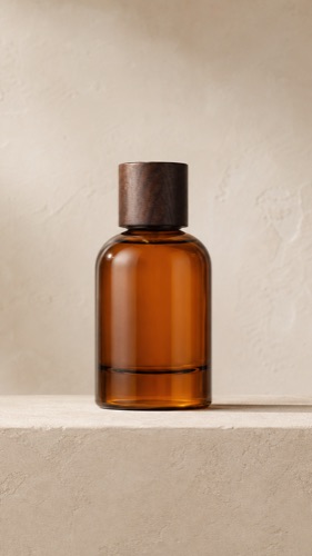 Vertical crop of an amber product bottle
