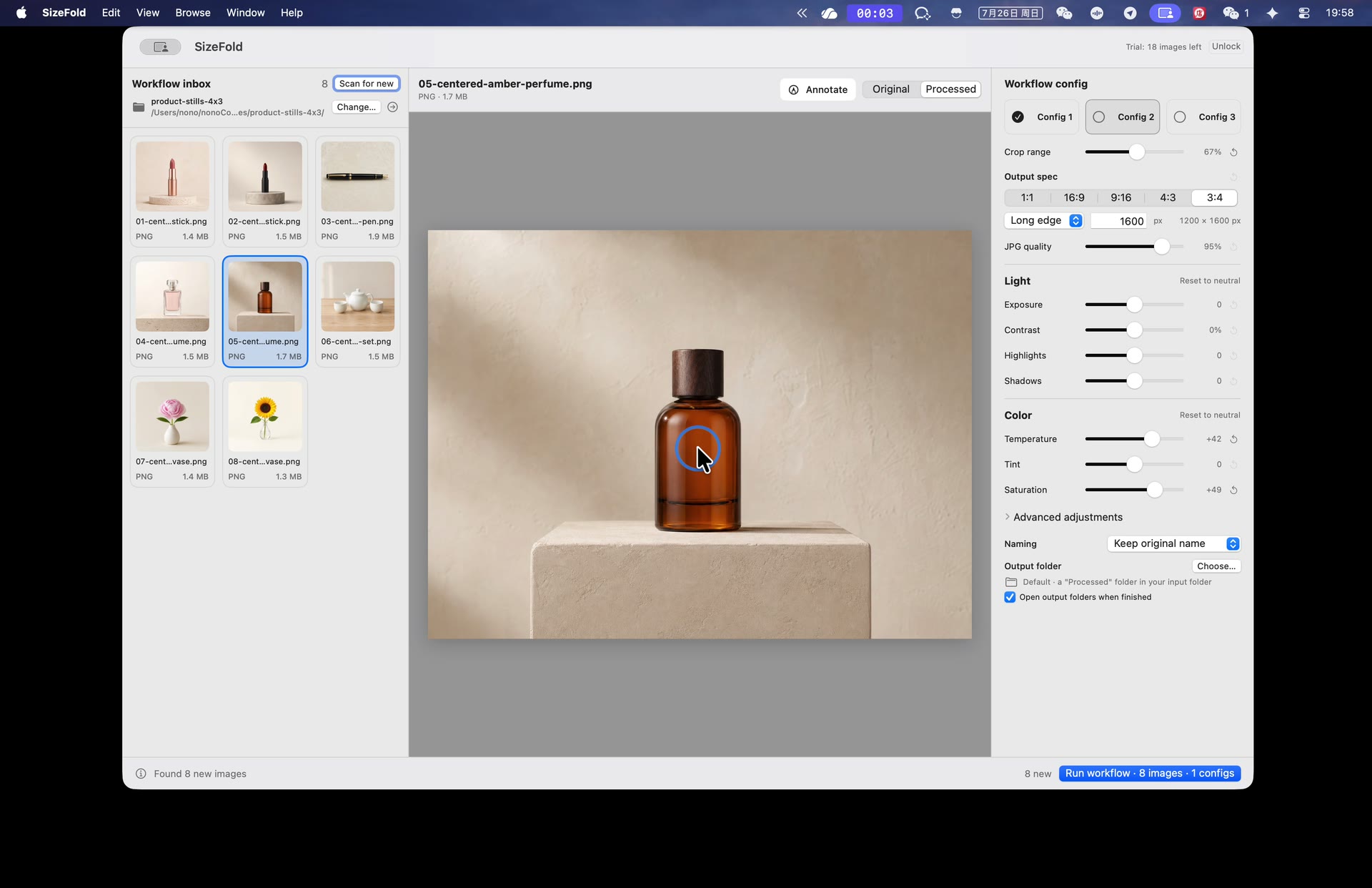 SizeFold comparing the processed preview with the original image