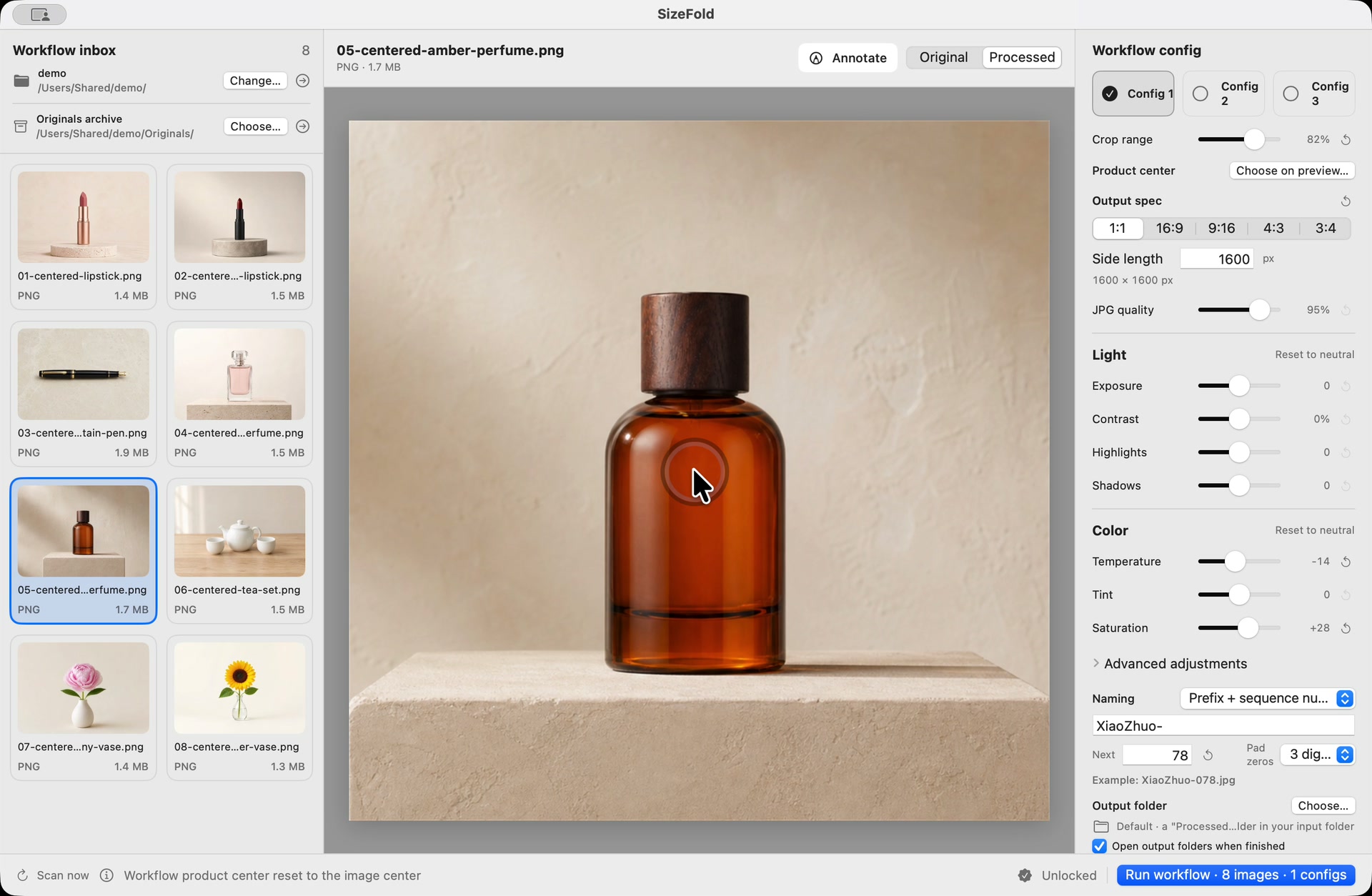 SizeFold comparing the processed preview with the original image